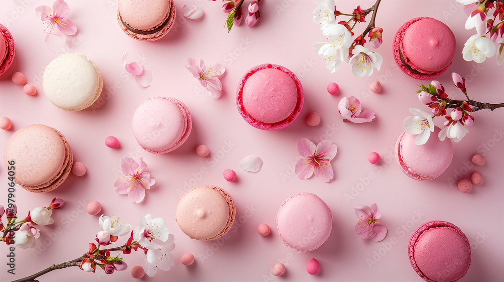 Sweet delicious dessert displayed in a top view flat lay style on a pink paper background with pink macaroon Sweet delicious dessert displayed in a top view flat lay style on a pink paper background with pink macaroon