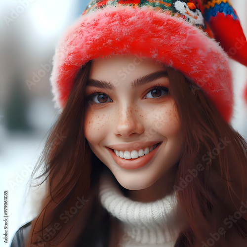 A beautiful girl looks at the camera and smiles.