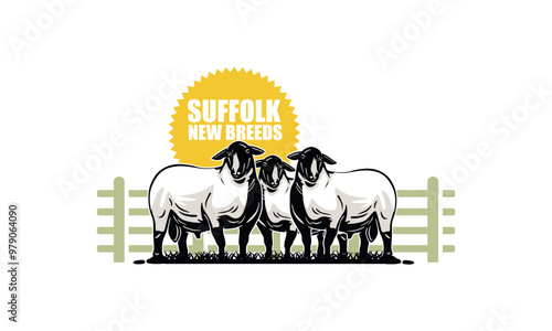 GREAT SUFFOLK SHEEP NEW BREEDS LOGO, silhouette of great ram standing vector illustrations