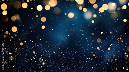 Abstract Dark Blue Background with Golden Bokeh Lights and Sparkles