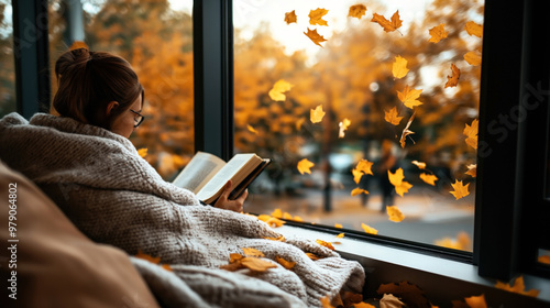 Fototapeta Naklejka Na Ścianę i Meble -  Person wrapped in a blanket, reading a book by a window with falling autumn leaves outside. The scene conveys a cozy, relaxing atmosphere with warm fall tones.