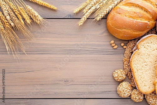 Freshly baked bread and wheat on a rustic wooden table, showcasing a healthy and wholesome atmosphere for food photography. photo