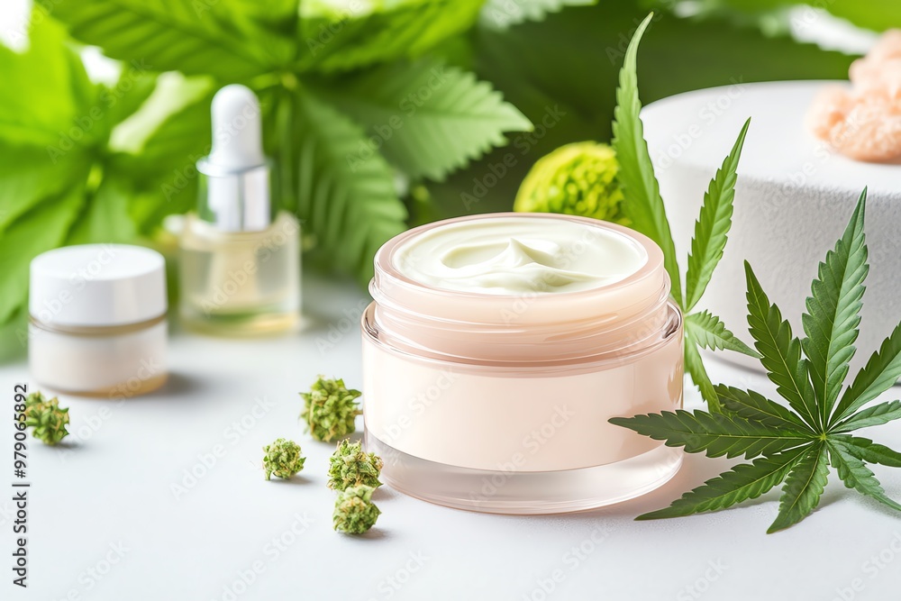 Natural skincare products featuring cannabis extracts, promoting wellness and beauty surrounded by green leaves. Natural skincare products featuring cannabis extracts, promoting wellness and beauty surrounded by green leaves.