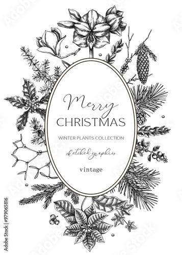 Christmas card design. Winter nature wreath. Conifer trees, winter flowers, bird sketches. Hand-drawn vector illustration. NOT AI generated