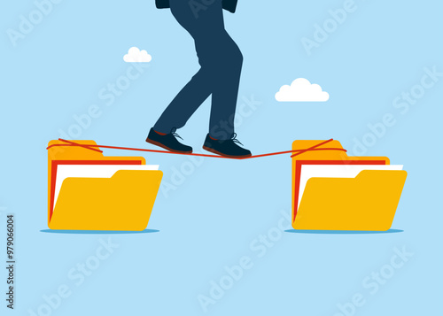 Male walks from one files folder to another along a tight rope. Arrange online data, paperwork concept, file management, organize document files into archive folders. Flat vector illustration