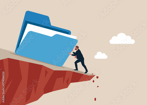 Entrepreneur investor push files folder from falling down the cliff. Arrange online data, paperwork concept, file management, organize document files into archive folders. Flat vector illustration