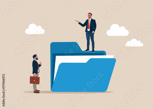 Success man on top of files folder look at other on the floor. Inequity, bias, imbalance or access to online data, document. Modern vector illustration in flat style