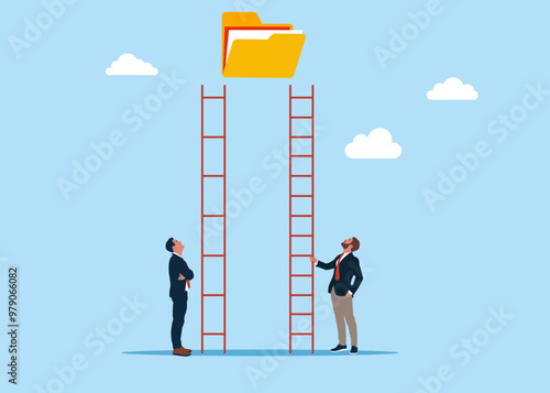Organize document files into archive folders. Business vector illustration of unfair competition between businessman, inequality or privilege in business concept.