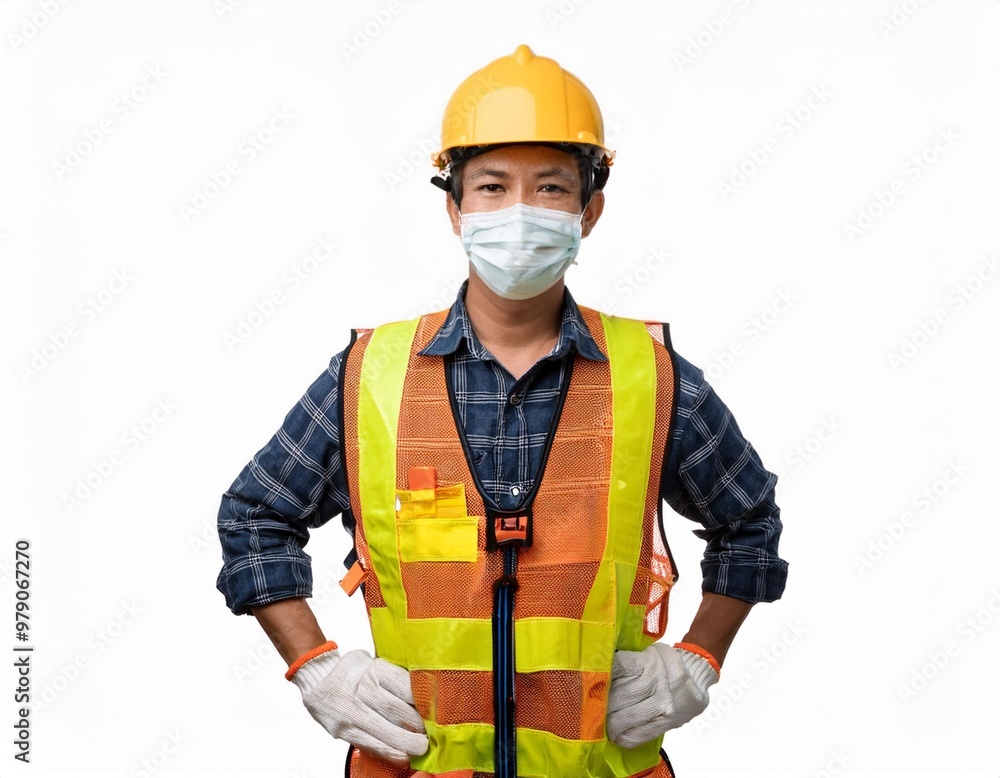 Asian Construction Worker Wearing Safety Gear on a Building Site Isolated on White Background, Clipping Path, Full Depth of Field Asian Construction Worker Wearing Safety Gear on a Building Site Isolated on White Background, Clipping Path, Full Depth of Field