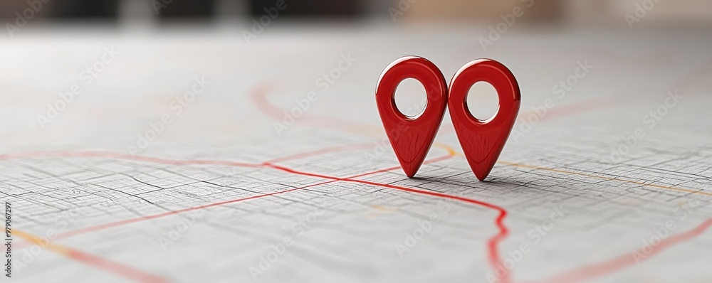 Two red location pins placed on a map, symbolizing navigation and ...