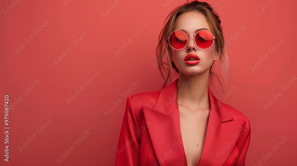 Portrait of a glamorous female model with sunglasses, hat and red suit, with brown hair, on red background with space for text. Stylish and high fashion Portrait of a glamorous female model with sunglasses, hat and red suit, with brown hair, on red background with space for text. Stylish and high fashion