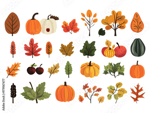 autumn set hand drawn fall leaves pumpkins acorn maple background seasonal holidays thanksgiving banner clipart illustration