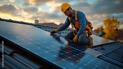 A worker installing solar panels on a rooftop at sunset.