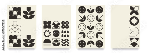 Retro set of black and white geometric natural vector pattern minimal posters with 20s design. Trendy bauhaus background for cover, poster