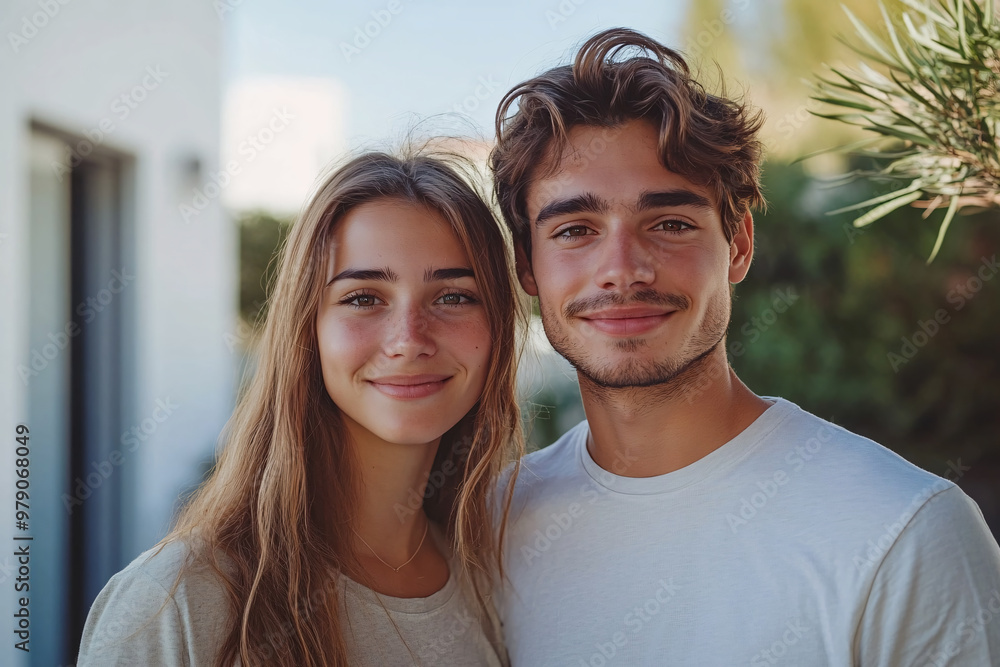 Happy young couple standing in front of new home. Husband and wife buying new house Happy young couple standing in front of new home. Husband and wife buying new house