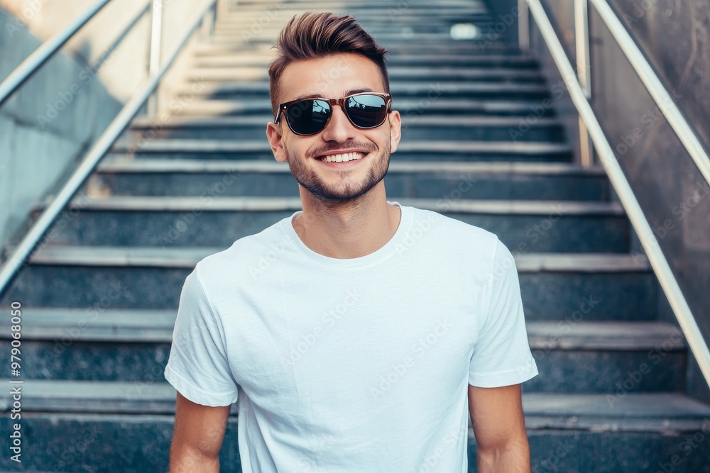 An image of a hipster wearing a blank white t-shirt with your logo on it