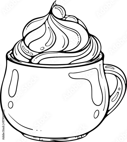 Pumpkin spice latte with whipped cream. Hot drink cappuccino, cocoa or chocolate. Vector illustration in hand drawn sketch doodle style. Line art isolated on white for coloring book, print