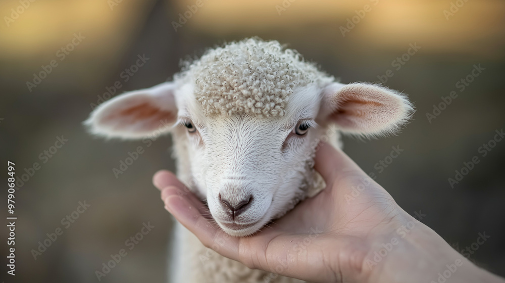 Obraz premium A person gently petting a lamb on its head
