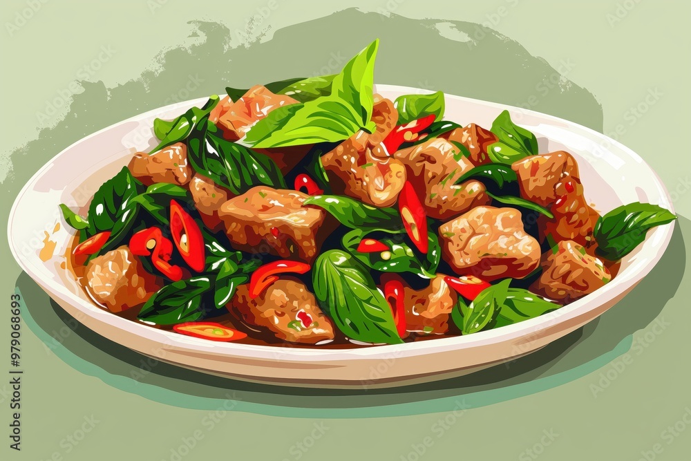 Spicy Thai fried pork with basil. Spicy Thai fried pork with basil.