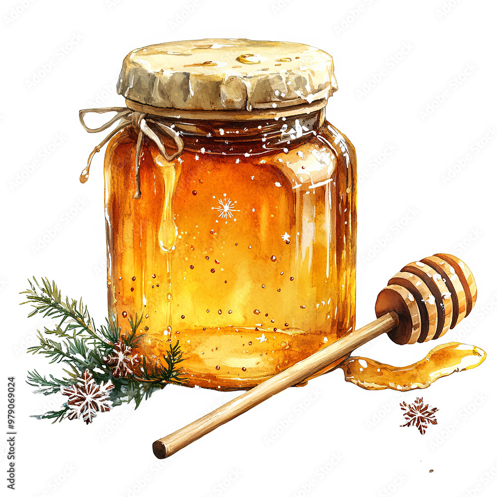 Glass jar filled with golden honey and wooden dipper with decorative sprigs transparent background Glass jar filled with golden honey and wooden dipper with decorative sprigs transparent background