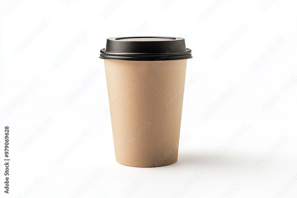 The image shows an empty takeaway kraft coffee cup on a white background. The image shows an empty takeaway kraft coffee cup on a white background.