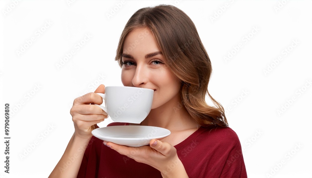 Authentic Woman Enjoying a Cup of Tea Isolated on White Background, Clipping Path, Full Depth of Field Authentic Woman Enjoying a Cup of Tea Isolated on White Background, Clipping Path, Full Depth of Field