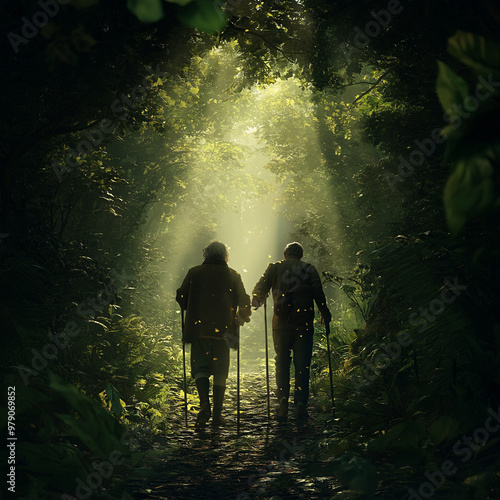 Illustration of elderly people fitness hiking in the woods