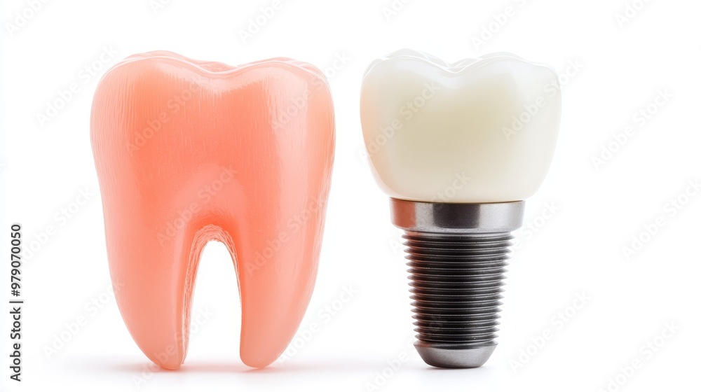Dental Implant And Healthy Tooth Model Isolated On A White Background With Copy Space. Dental Implant And Healthy Tooth Model Isolated On A White Background With Copy Space.