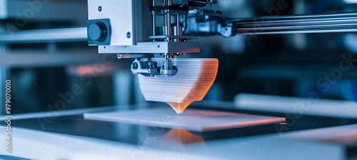 A high-tech 3D printer with a model being printed