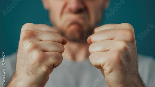 Clenched Fists and Tense Face The Physical Manifestation of Anger in Dramatic Depth of Field  A powerful and impactful image depicting a man s face and clenched fists photo