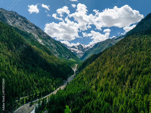 Aerial view of lush green mountains and tranquil valley with a winding road in Gran Paradiso National Park, Cogne, Italy.