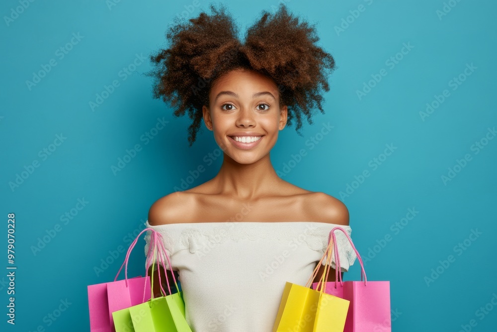 A pensive smile on the face of a smiling woman with shopping bags A pensive smile on the face of a smiling woman with shopping bags