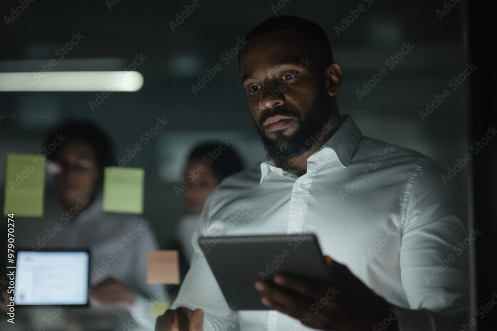 In the background, colleagues are working on a tablet while the architect uses a tablet In the background, colleagues are working on a tablet while the architect uses a tablet