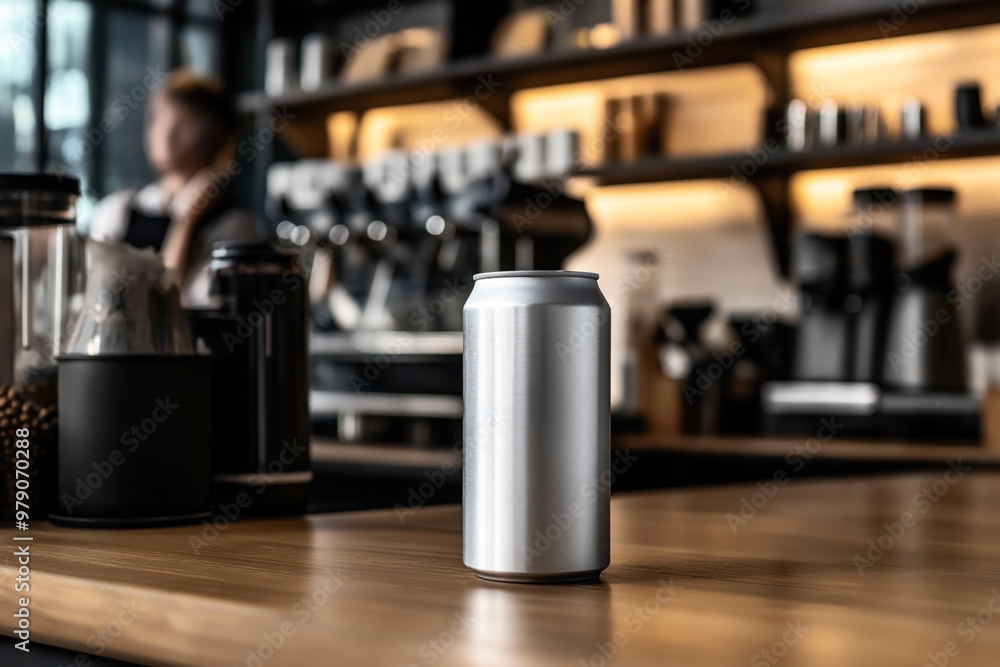 Sleek silver beverage can mockup placed on a wooden table in a modern coffee shop setting with a barista and coffee equipment blurred in the background. Sleek silver beverage can mockup placed on a wooden table in a modern coffee shop setting with a barista and coffee equipment blurred in the background.