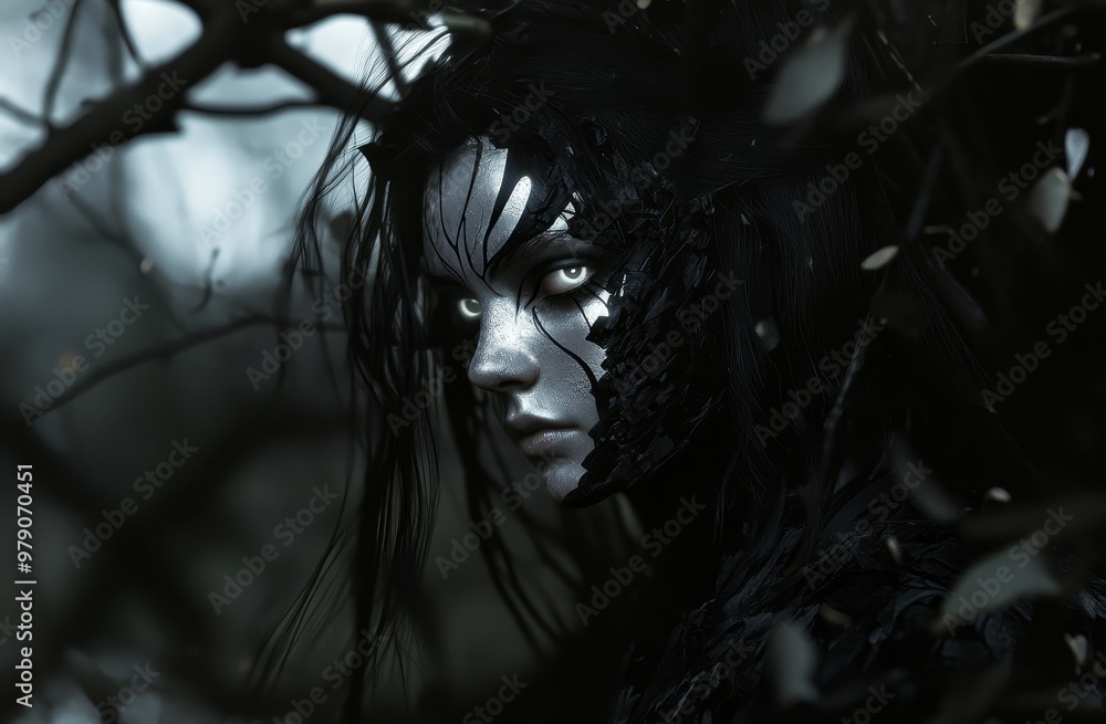 Three-dimensional mixed media illustration of a ghostly lady in a creepy forest Three-dimensional mixed media illustration of a ghostly lady in a creepy forest