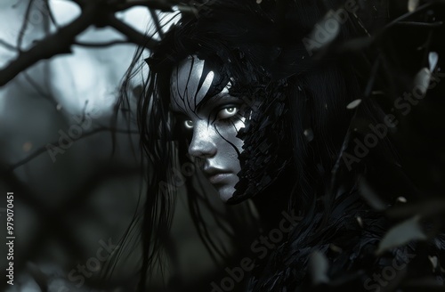 Three-dimensional mixed media illustration of a ghostly lady in a creepy forest