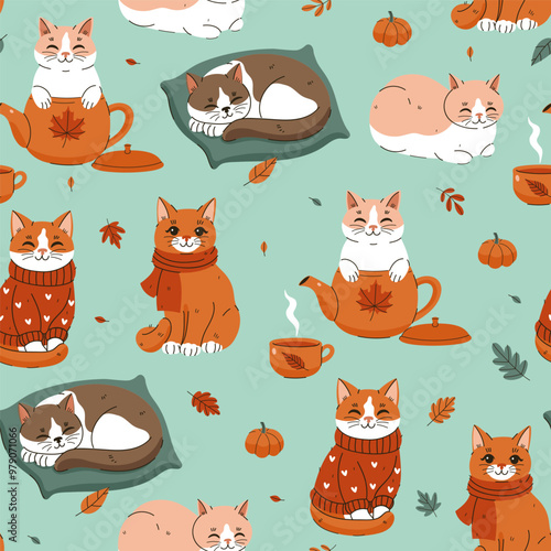 Seamless pattern with cute autumn cats. Vector graphics.