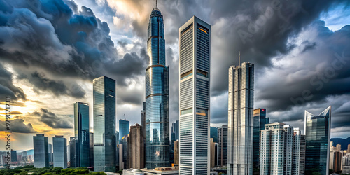 Skyline featuring Lippo Centre towers against a cloudy sky , urban, cityscape, architecture, skyscrapers, buildings photo