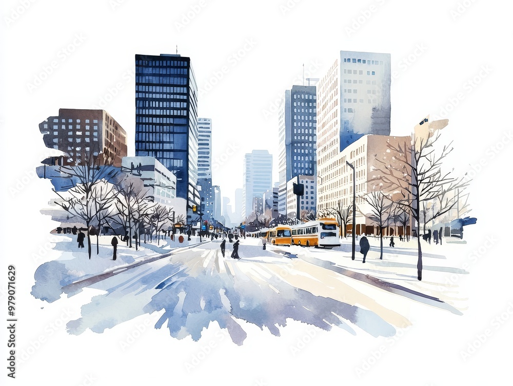 Obraz premium Illustrate a bustling city square blanketed in snow, capturing the essence of a winter wonderland