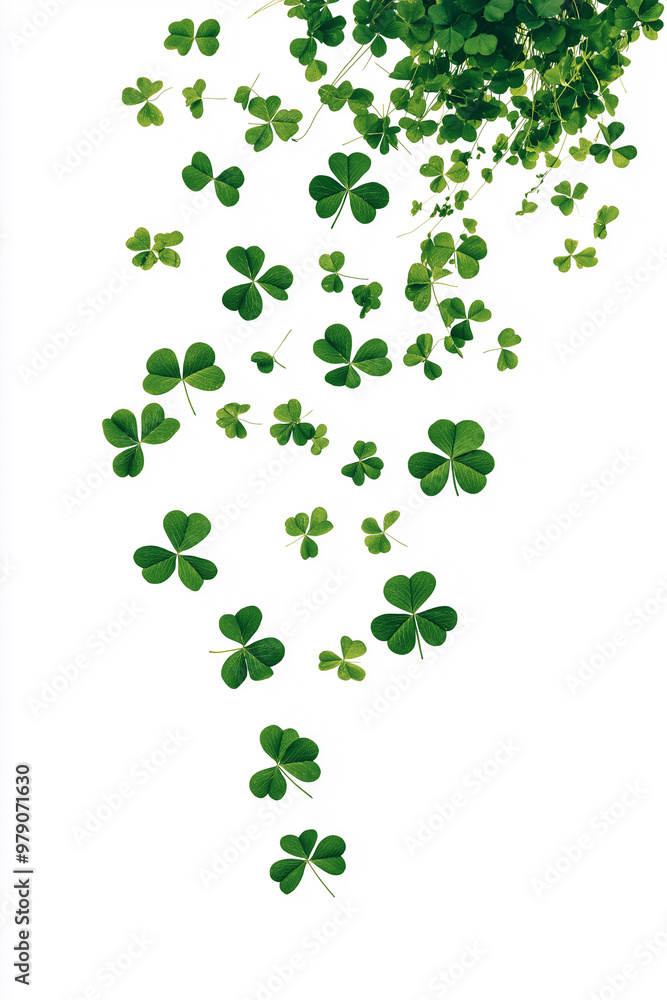 A swirl of four leaf clovers dancing gracefully in the air against a bright white background A swirl of four leaf clovers dancing gracefully in the air against a bright white background