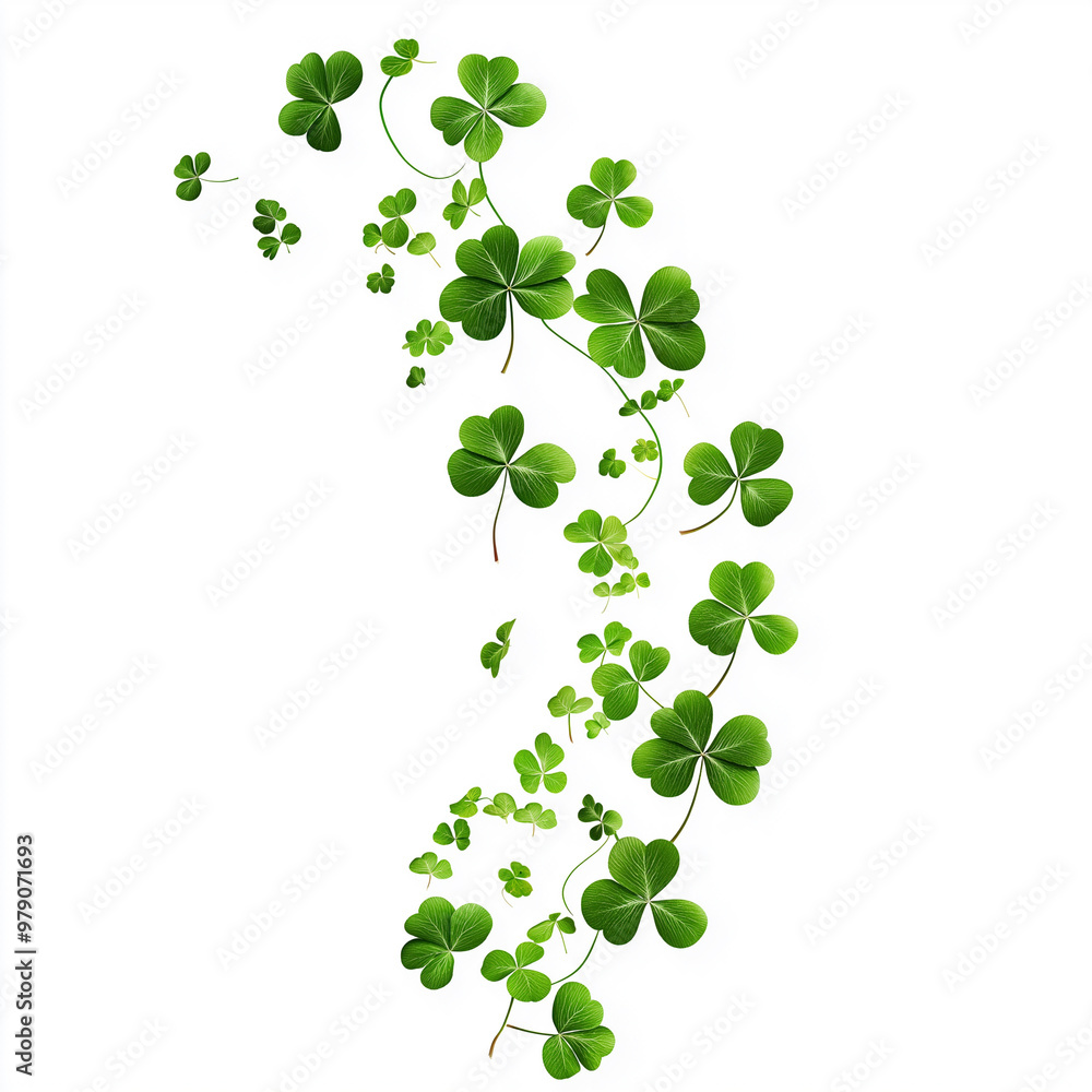 A swirl of four leaf clovers dancing gracefully in the air against a bright white background A swirl of four leaf clovers dancing gracefully in the air against a bright white background