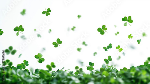 A swirl of four leaf clovers dancing gracefully in the air against a bright white background
