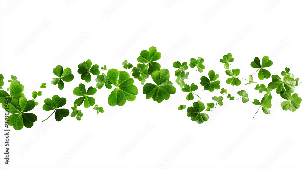 A swirl of four leaf clovers dancing gracefully in the air against a bright white background A swirl of four leaf clovers dancing gracefully in the air against a bright white background