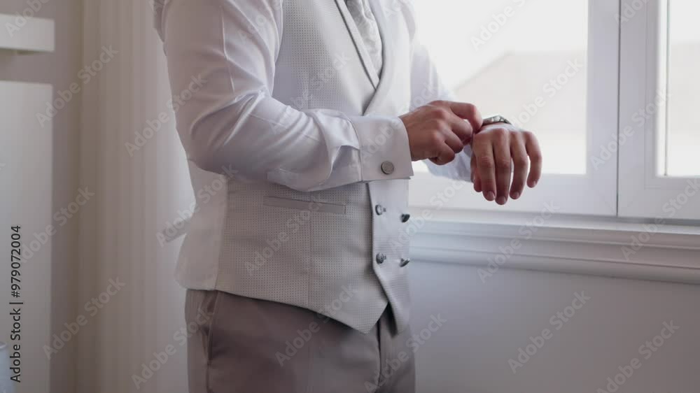 groom adjusts his watch while dressed in a light-colored vest and shirt, standing near a window groom adjusts his watch while dressed in a light-colored vest and shirt, standing near a window