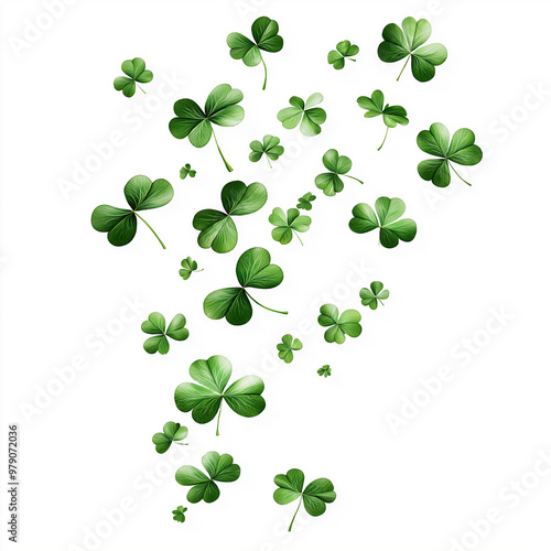 A swirl of four leaf clovers dancing gracefully in the air against a bright white background