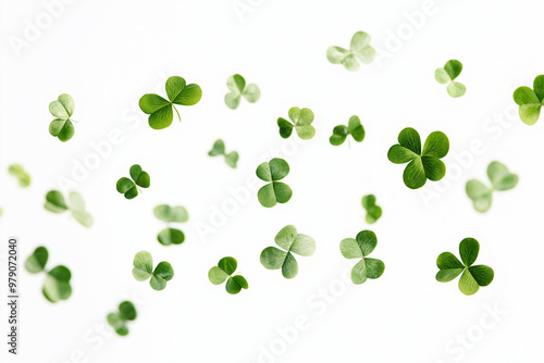A swirl of four leaf clovers dancing gracefully in the air against a bright white background