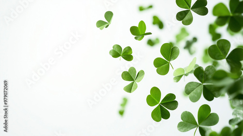 A swirl of four leaf clovers dancing gracefully in the air against a bright white background
