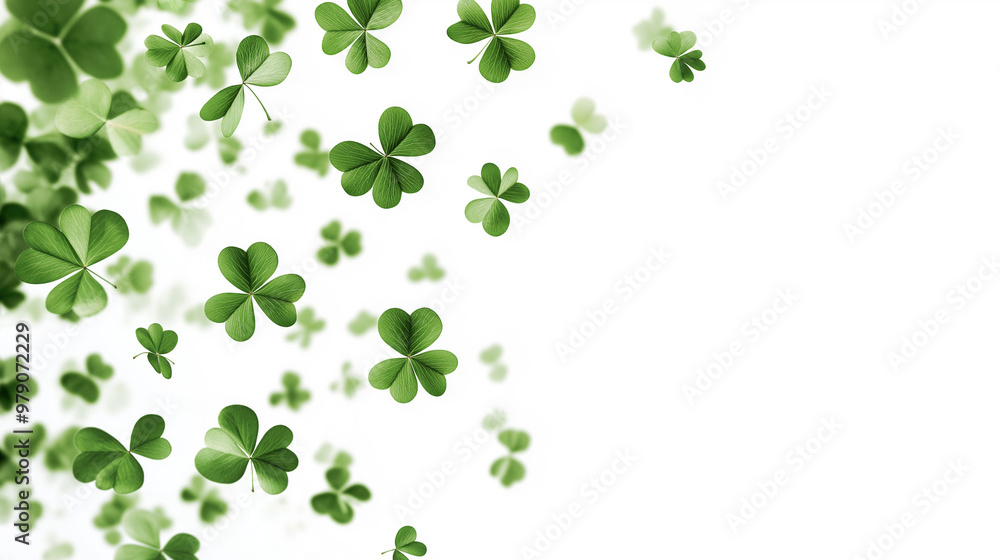 A swirl of four leaf clovers dancing gracefully in the air against a bright white background A swirl of four leaf clovers dancing gracefully in the air against a bright white background
