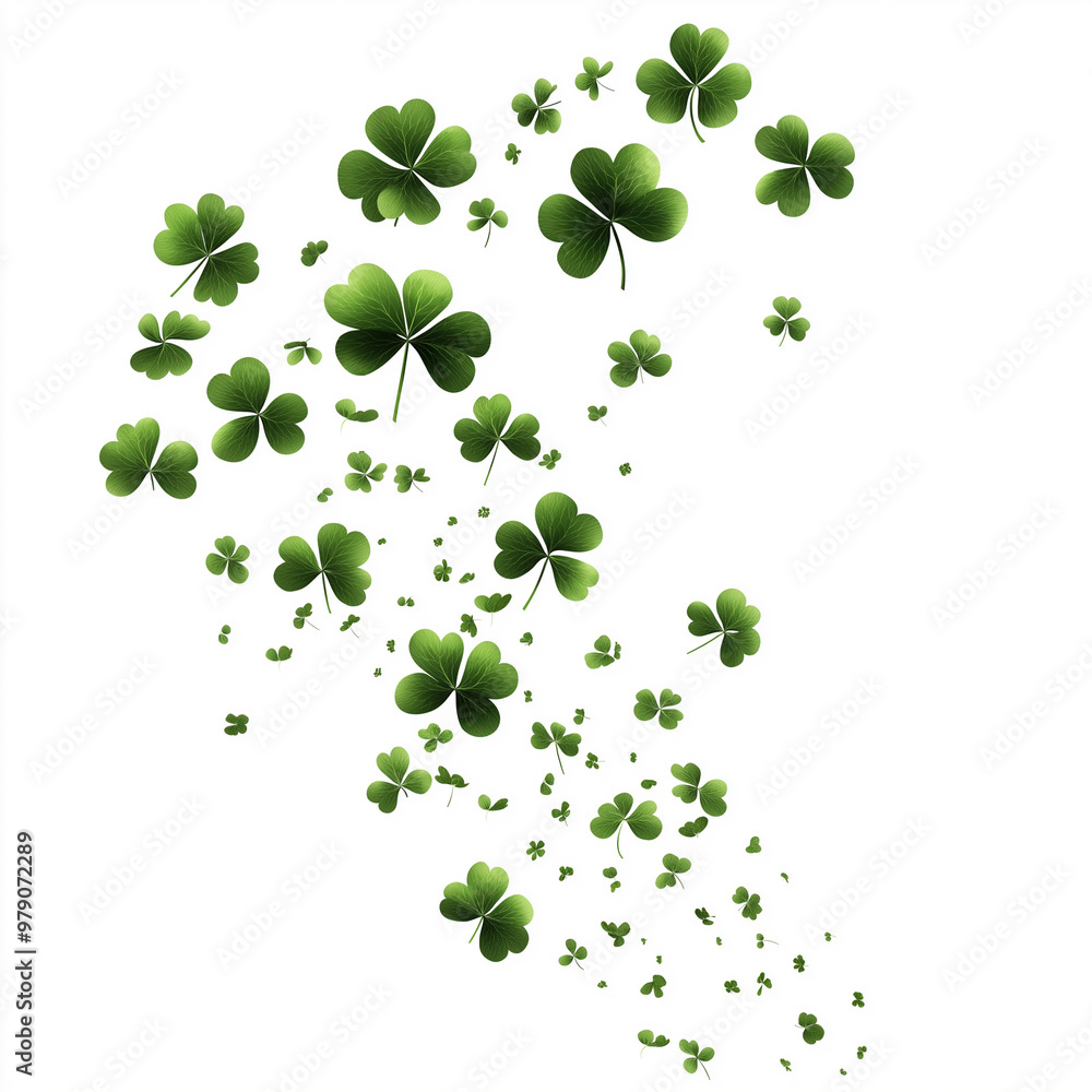 A swirl of four leaf clovers dancing gracefully in the air against a bright white background A swirl of four leaf clovers dancing gracefully in the air against a bright white background