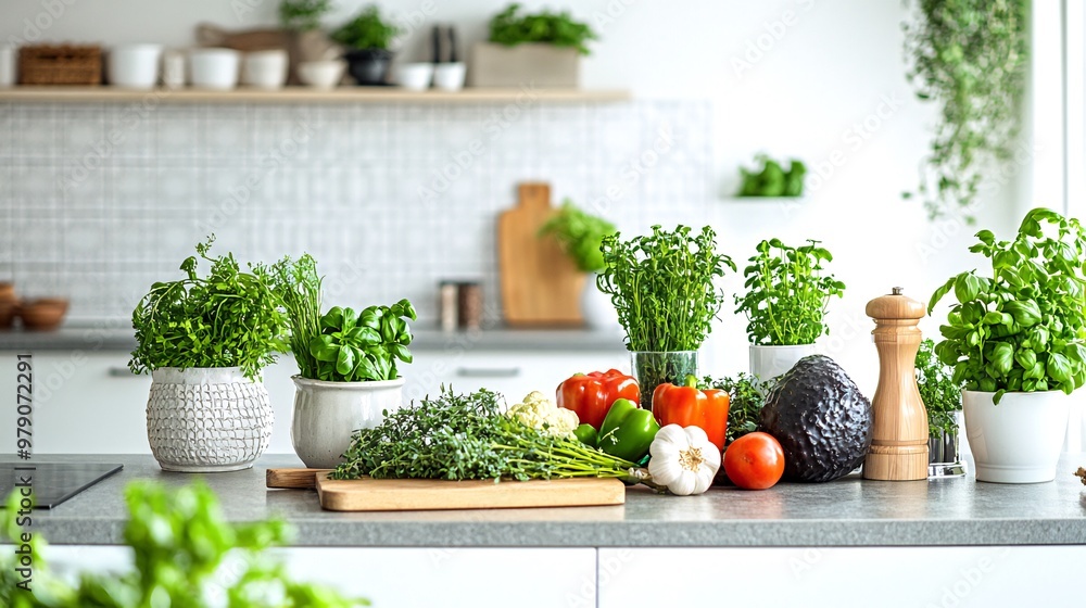 Fresh vegetables, herbs, and spices arranged on a kitchen counter. Fresh vegetables, herbs, and spices arranged on a kitchen counter.